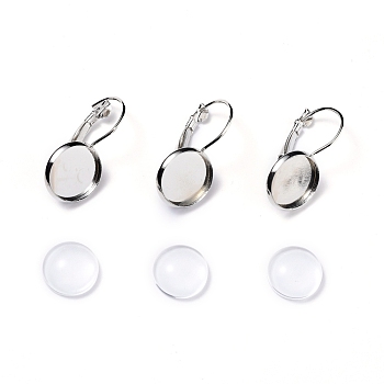 DIY Earring Making, with Brass Leverback Earring Findings and Transparent Oval Glass Cabochons, Platinum, Cabochons: 11.5~12x4mm, 1pc/set, Earring Findings: 25x14mm, Tray: 12mm, Pin: 0.8mm, 1pc/set
