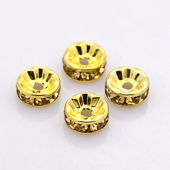 Brass Rhinestone Spacer Beads, Grade A, Straight Flange, Golden Metal Color, Rondelle, Light Colorado Topaz, 6x3mm, Hole: 1mm