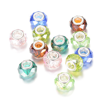 Glass European Beads, with Silver Color Plated Brass Core, Large Hole Beads, Faceted Rondelle, AB-Color Plated, Mixed Color, 13~14x9mm, Hole: 4.5~5mm