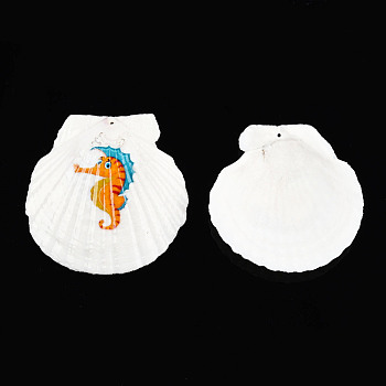 Printed Natural Freshwater Shell Big Pendants, Shell Charm, Orange, Sea Horse Pattern, 55~75x52~70x6~8mm, Hole: 1.4mm