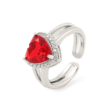 Heart Brass Micro Pave Cubic Zirconia Open Cuff Rings, Long-Lasting Plated, Red, US Size 6(16.5mm)