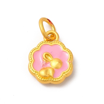 Rack Plating Alloy Enamel Pendants with Jump Ring, Flower with Rabbit Charms, Matte Gold Color, Pearl Pink, 14x11x3.5mm, Jump Ring: 6x1mm, 4mm Inner Diameter