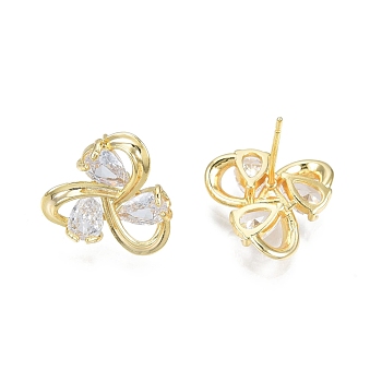 Clear Cubic Zirconia Flower Stud Earrings, Brass Jewelry for Women, Nickel Free, Real 18K Gold Plated, 14x15mm, Pin: 0.7mm