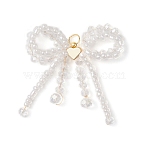 Glass Seed Beaded Bowknot with Heart Pendants, with Glass & Brass & 304 Stainless Steel Open Jump Rings, White, 45~50x45~48x6.5mm, Hole: 5mm(PALLOY-MZ01162-02)