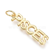 Brass Pendants, with Jump Rings, Long-Lasting Plated, Constellation/Zodiac Sign, Word, Pisces, 27.5x6.5x2mm, Hole: 4.5mm(X-ZIRC-I048-15G-09)