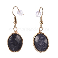 Wire Wrapped Synthetic Blue Goldstone Dangle Earrings, with Golden Plated Brass Earring Hooks and Plastic Ear Nut, Oval, 38~39mm, Pin: 0.7mm(EJEW-JE04283-02)