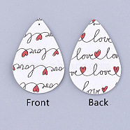 PU Leather Big Pendants, teardrop, with Heart Pattern, For Valentine's Day Jewelry Making, White, 56x37x1.5mm, Hole: 1.2mm(X-FIND-S311-001L)