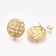 304 Stainless Steel Stud Earring Findings, with Loops and Ear Nuts/Earring Backs, Imitation Woven Rattan Pattern, Flat Round, Golden, 20mm, Hole: 4mm, Pin: 0.7mm(X-STAS-S079-49A)