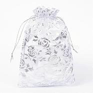 Rose Printed Organza Bags, Gift Bags, Rectangle, White, 18x13cm(OP-R021-13x18-03)
