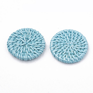 Handmade Spray Painted Reed Cane/Rattan Woven Beads, For Making Straw Earrings and Necklaces, Dyed, Pearlized Effect, Flat Round, No Hole/Undrilled, Sky Blue, 36~46x5~5.5mm(WOVE-N007-02C)
