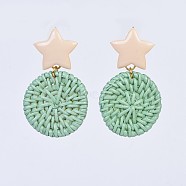 Handmade Spray Painted Reed Cane/Rattan Woven Dangle Stud Earrings, with Alloy Enamel Earring Findings and Steel Pins, Plastic Ear Nuts, Flat Round, Golden, Dark Sea Green, 59~64mm, Pin: 0.8mm(X-EJEW-JE03081-02)