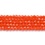 Opaque Solid Color Imitation Jade Glass Beads Strands, Faceted, Bicone, Orange Red, 4x4mm, Hole: 0.8mm, about 87~98pcs/strand, 12.76~14.61 inch(32.4~37.1cm)(GLAA-F029-P4mm-03)