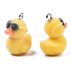 Flocky Resin Pendants, with Platinum Plated Iron Loops, Duck with Glasses, Gold, 27x22x16.5mm, Hole: 2.5mm(X-RESI-N032-04)