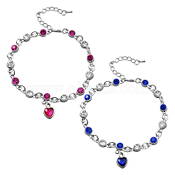 2Pcs 2 Colors Heart Alloy Rhinestone Charms Bracelets, Flat Round Link Bracelets for Women, Mixed Color, 9-1/8 inch(23cm), 1pc/color(BJEW-HY0001-06)