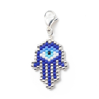 Braided Japanese Seed Beaded Pendant Decoration, Lobster Clasps Charms, Clip-on Charms, for Keychain, Purse, Backpack Ornament, Hamsa Hand/Hand of Miriam with Evil Eye, Dark Blue, 4cm