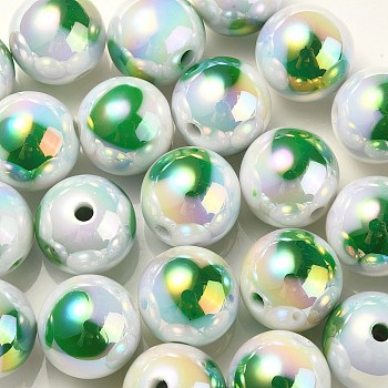 UV Plating Rainbow Iridescent Acrylic Beads, Round with Heart Pattern, Lime, 16x15mm, Hole: 3mm