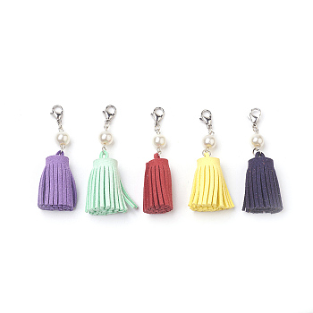 Faux Suede Cord Tassel Pendant, with Glass Pearl Beads and 304 Stainless Steel Lobster Claw Clasps, Mixed Color, 64mm