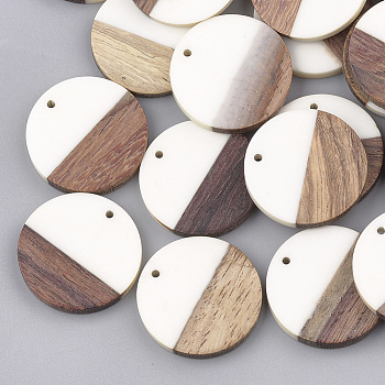Resin & Wood Pendants, Flat Round, White, 28.5x3.5~4mm, Hole: 1.5mm