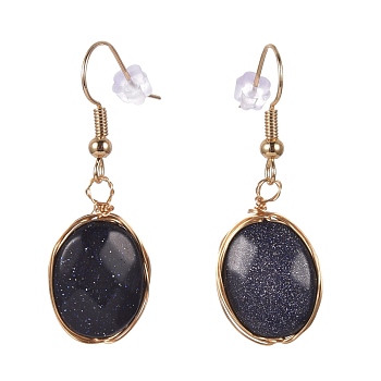 Wire Wrapped Synthetic Blue Goldstone Dangle Earrings, with Golden Plated Brass Earring Hooks and Plastic Ear Nut, Oval, 38~39mm, Pin: 0.7mm