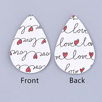 PU Leather Big Pendants, teardrop, with Heart Pattern, For Valentine's Day Jewelry Making, White, 56x37x1.5mm, Hole: 1.2mm