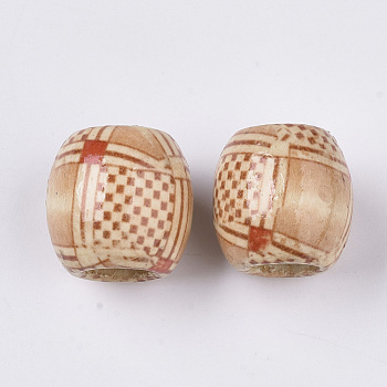Printed Natural Wood Large Hole Beads, Barrel, Lead Free, Navajo White, 16x14.5~16.5mm, Hole: 7.5mm