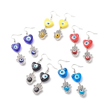 Lampwork Evil Eye with Hamsa Hand Dangle Earrings, Alloy Jewelry for Women, Mixed Color, 61mm, Pin: 0.7mm