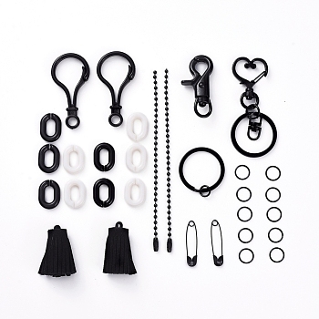DIY Keychain Making, with Spray Painted Brass Split Key Rings, Brass Swivel Clasps, Iron Heart Key Clasps, Eco-Friendly Iron Ball Chains with Connectors and Acrylic Linking Rings, Black, 31pcs/set