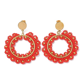 Woven Glass & Brass Beaded Donut Dangle Stud Earrings, with Vacuum Plating 304 Stainless Steel Pins, Red, 60x49mm