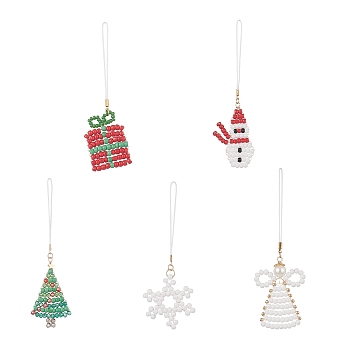 Christmas Glass Seed Beaded Pendant Decorations, Braided Nylon Thread Hanging Ornaments, Mixed Shapes, 110~128mm, 5pcs/set