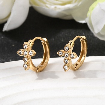 Cross 304 Stainless Steel Rhinestone Hoop Earrings, Ion Plating(IP), Real 18K Gold Plated, 13x8x14mm