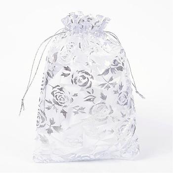 Rose Printed Organza Bags, Gift Bags, Rectangle, White, 18x13cm