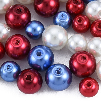 3 Colors Glass Pearl Beads, Round, Red & White & Blue Beads, Mixed Color, 6~8mm, Hole: 1mm, Box: 85x85x85