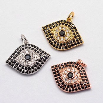 Brass Micro Pave Cubic Zirconia Pendants, Eye, Lead Free & Nickel Free, Mixed Color, 17x21x4mm, Hole: 3mm