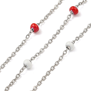 304 Stainless Steel Enamel Link Chains, Soldered, with Spool, Flat Round, Red, 2x1.5x0.5mm