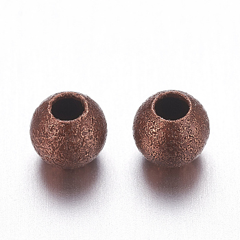Red Copper Color Brass Textured Round Beads, Nickel Free, Size: about 4mm in diameter, hole: 1mm