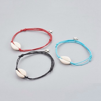 Adjustable Cowrie Shell Anklets, with Tibetan Style Alloy Starfish/Sea Stars Charms and Chinese Waxed Cotton Cord, Mixed Color, 6-1/4 inch(16cm)~11-3/8 inch(29cm)