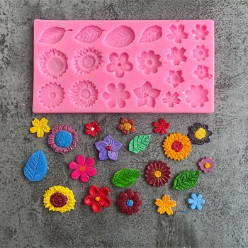 Food Grade Silicone Molds, Fondant Molds, Baking Molds, Chocolate, Candy, Biscuits, UV Resin & Epoxy Resin Jewelry Making, Flower & Leaf, Random Single Color or Random Mixed Color, 172x88.5x8mm, Inner Diameter: 17~36x9~26mm