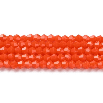 Opaque Solid Color Imitation Jade Glass Beads Strands, Faceted, Bicone, Orange Red, 4x4mm, Hole: 0.8mm, about 87~98pcs/strand, 12.76~14.61 inch(32.4~37.1cm)