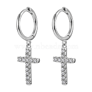 Rhodium Plated 925 Sterling Silver Micro Pave Cubic Zirconia Dangle Hoop Earrings, Cross, Platinum, 27x8.5mm(BH8612-2)