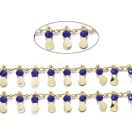 3.28 Feet Handmade Glass Beaded Chains, with Real 18K Gold Plated Brass Side Twisted Chains Curb Chains, Long-Lasting Plated, Soldered, Dark Blue, 2.5x2x1mm, teardrop,: 10x3x3mm(X-CHC-E020-01B)