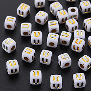 Opaque White Acrylic Beads, Metal Enlaced, Cube with Letters, Letter.U, 4.5mm, Hole: 2mm, about 5000pcs/500g(MACR-Q242-010U)
