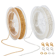 DIY Jewelry Kits, with Soldered Brass Coated Iron Cable Chains, Brass Jump Rings and Zinc Alloy Lobster Claw Clasps, Golden & Silver, 2.2x1.7x0.3mm, about 12m/roll, 2colors, 1roll/color, 2rolls(DIY-CA0001-03)