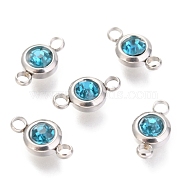304 Stainless Steel Rhinestone Links Connectors, Flat Round, Stainless Steel Color, Indicolite, 12x6.5x4mm, Hole: 2mm(STAS-P237-17P-16)