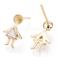 925 Sterling Silver Stud Earring Findings, with Natural Freshwater Shell and Peg Bails, for Half Drilled Beads, Little Girl, Nickel Free, with S925 Stamp, Real 18K Gold Plated, 13x8mm, Pin: 0.8mm(for Half Drilled Beads), Pin: 0.8mm(STER-T004-39G)
