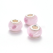 Handmade Lampwork European Beads, Large Hole Rondelle Beads, with Platinum Tone Brass Double Cores, Pearl Pink, 14~15x9~10mm, Hole: 5mm(LPDL-N001-030)