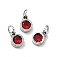 304 Stainless Steel Pendants, with Cubic Zirconia and Jump Rings, Single Stone Charms, Flat Round, Stainless Steel Color, Dark Red, 7.5x5.5x2.5mm, Hole: 3.6mm(STAS-D189-07P-A04)