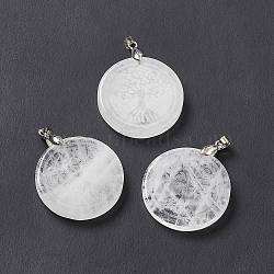 Natural Quartz Crystal Pendants, Rock Crystal Pendants, Flat Round Charms with Tree of Life Pattern, with Rack Plating Platinum Tone Brass Findings, Cadmium Free & Lead Free, 30x4~8mm, Hole: 4x4mm(G-P491-05P-02)
