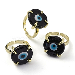 Lampwork Evil Eye Open Cuff Ring, Light Gold Brass Lucky Jewelry for Women, Lead Free & Cadmium Free, Black, US Size 6 1/4(16.7mm)(RJEW-M147-01LG-04)