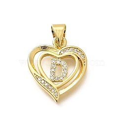 Rack Plating Brass Micro Pave Cubic Zirconia Pendants, Long-Lasting Plated, Lead Free & Cadmium Free,Real 18K Gold Plated, Heart with Letter Charms, Letter D, 17.5x15x2.5mm, Hole: 5x3mm(KK-L226-101G-D)