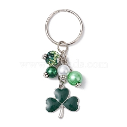 Glass Keychains, with Iron Split Key Rings and Alloy Enamel Clover Charms, Green, 7.4cm(KEYC-JKC01010)